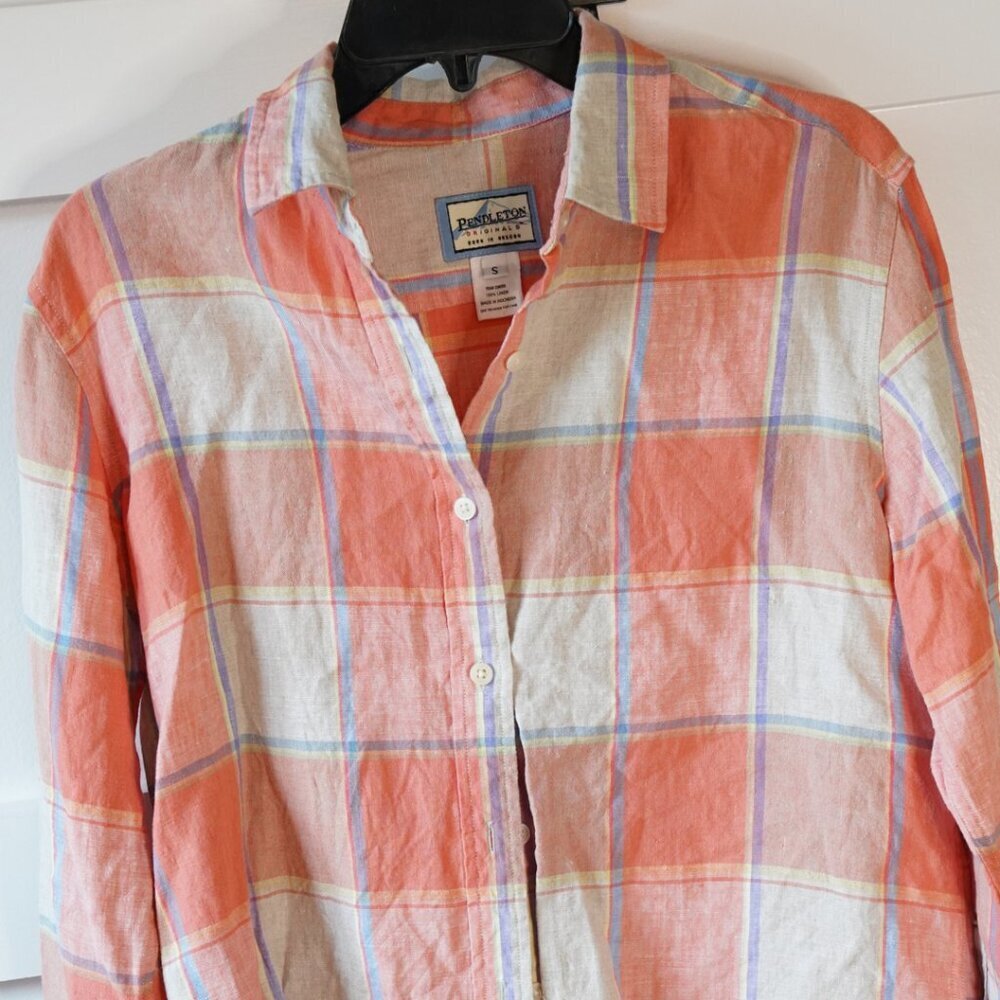 Pendleton, 100% Linen Plaid Button-down Long Slee… - image 3